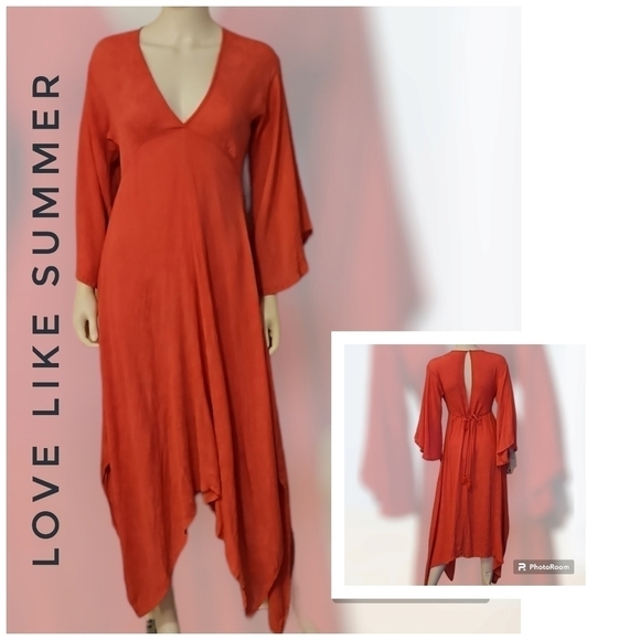 LOVE LIKE SUMMER Hot Pink Assymetric Flare Sleeve Tie Back Sharkbite Dress - Picture 1 of 8